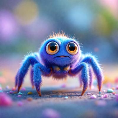 The primary subject of the image is a blue spider with big eyes, sitting on a pink surface. The setting appears to be a colorful and whimsical environment, possibly a fantasy or cartoon-like scene. The visual style of the image is a combination of photo and digital art, creating a unique and eye-catching appearance. The dominant colors in the image are blue and pink, giving the scene a cheerful and playful atmosphere.